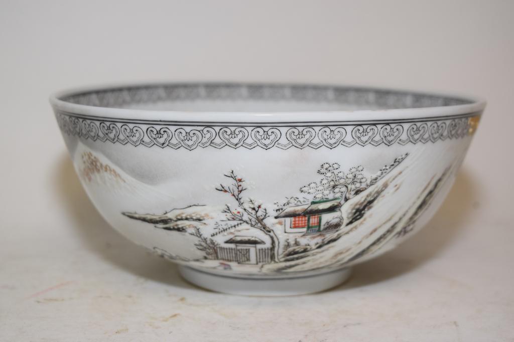 19-20th C. Chinese Porcelain Famille Rose Bowl: 19-20th C. Chinese porcelain famille rose snow scene bowl, 8in