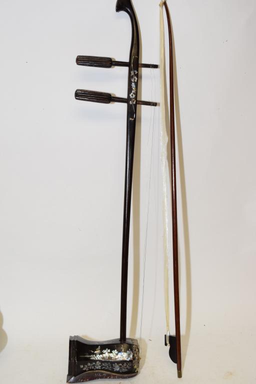 Chinese Mother-of-Pearl Inlay Wood Er Hu Instrument: Chinese mother-of-pearl inlay wood er hu instrument with snake skin, 6.5in by 28.5in