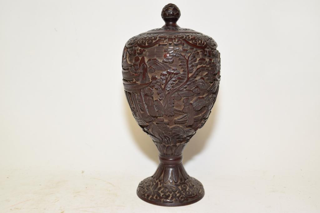 19th C. Chinese Brownish Red Lacquer Carved Jar (1 of 6)