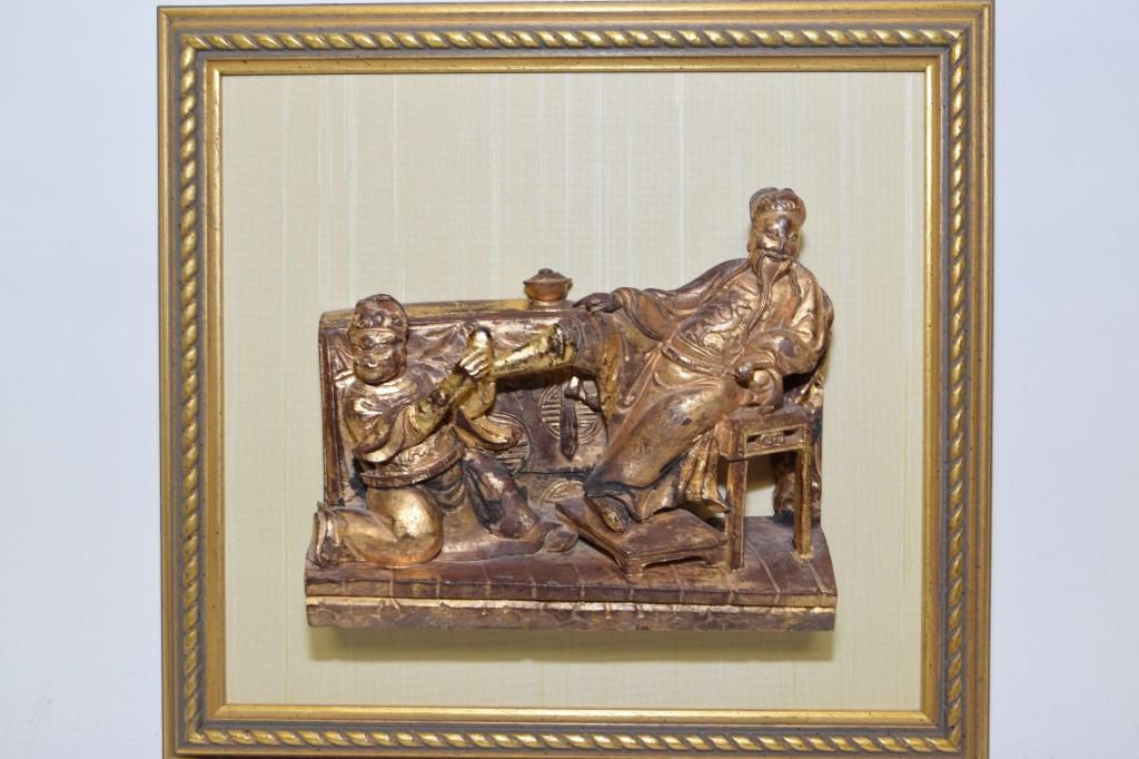 19th C. Chinese Gilt Wood Carved Plaque: 19th C. Chinese gilt wood carved "gui fei zui jiu" plaque, 10.5in by 11.25in