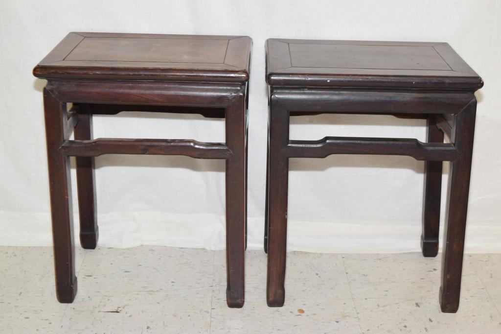 Pr. of Qing Chinese Hongmu Carved Stools: Pr. of Qing Chinese hongmu carved stools, 12in by 16in by 20in