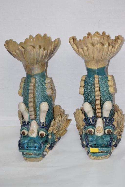 Pr. of Large Chinese FaHua Glaze Pottery Dragons (1 of 9)