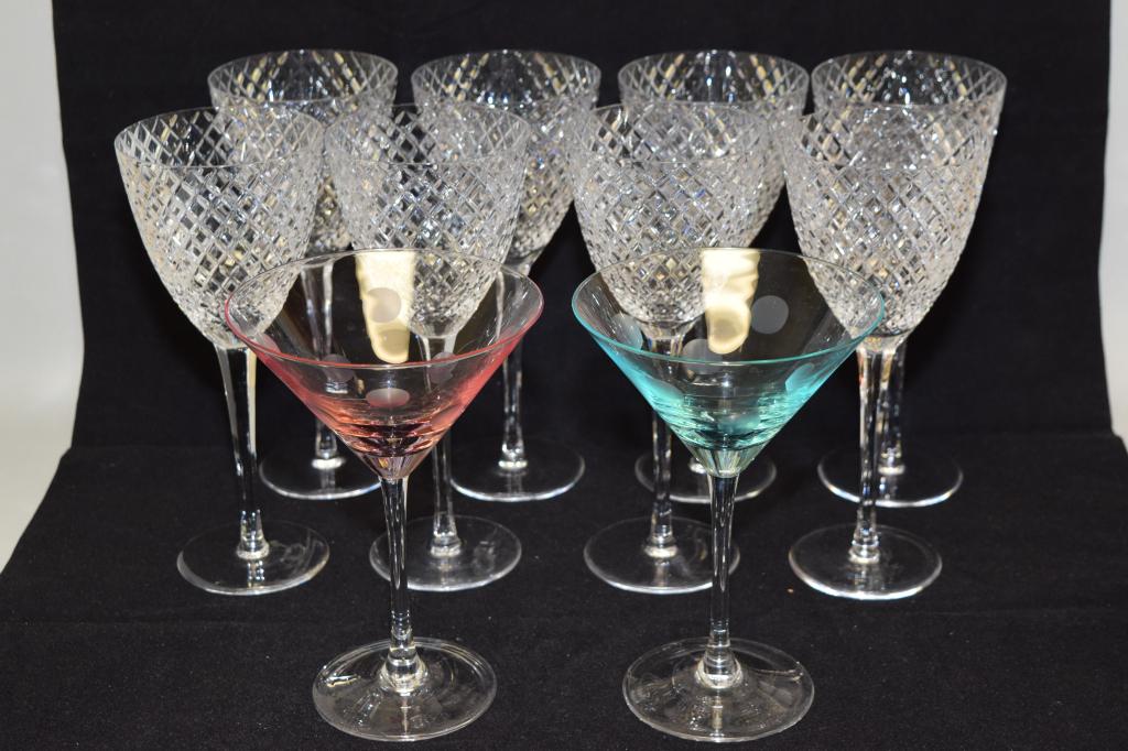 (2) Marquis by Waterford Martini and (8) Unmarked Wine Glasses: Two Marquis by Waterford martini glasses and eight unmarked wine glasses, 9in