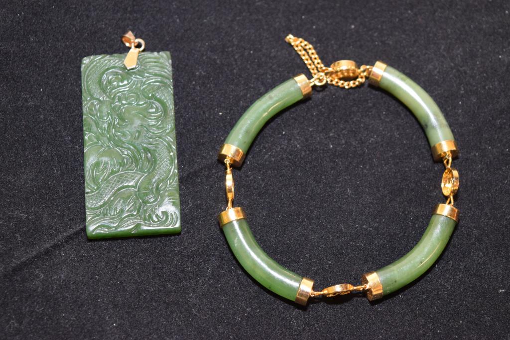 Two Chinese Spinach Jade Carved Pendant & Bracelet (1 of 4)