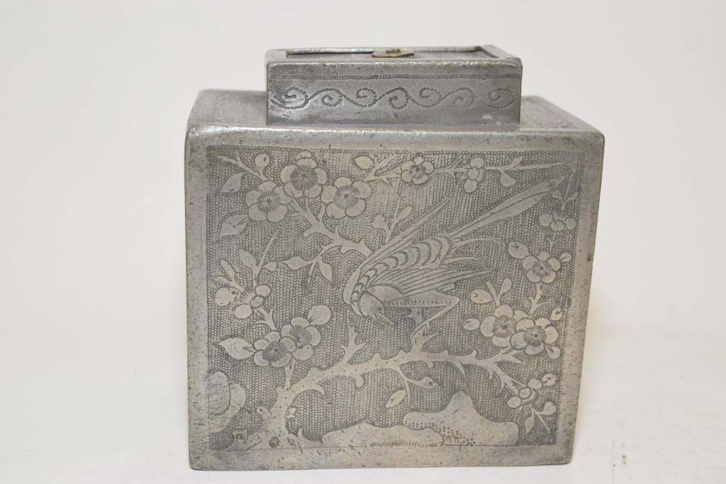 19th C. Chinese Pewter Carved Tea Caddy (1 of 4)