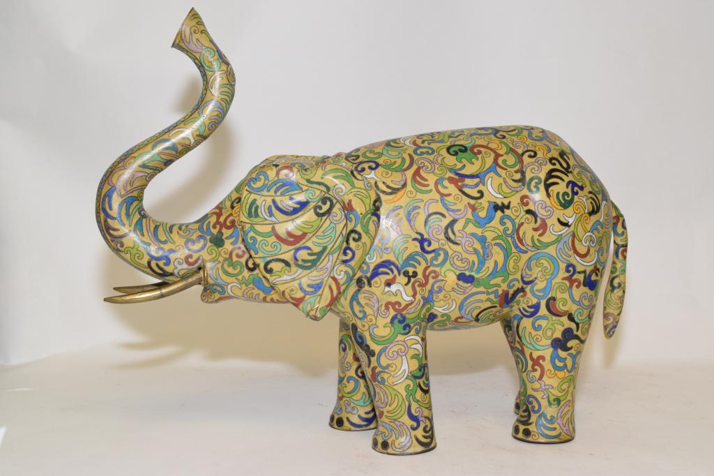 19-20th C. Chinese Cloisonne Elephant: 19-20th C. Chinese cloisonne elephant, 13in by 18in
