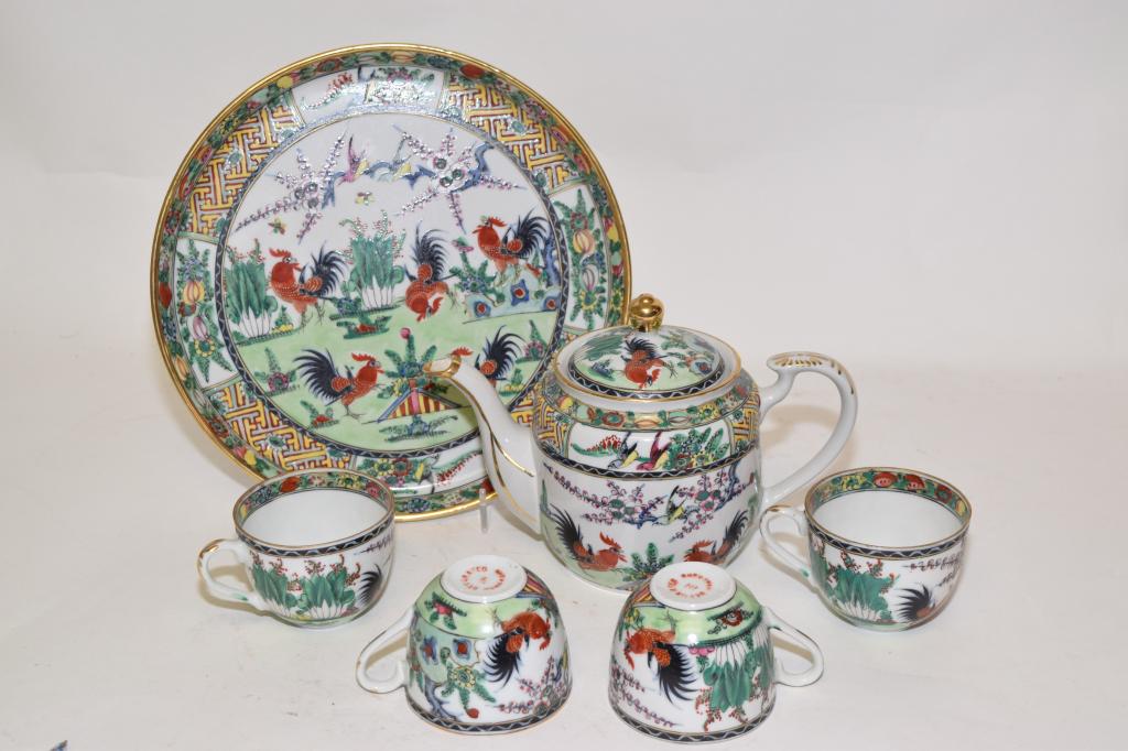 Set of Chinese Porcelain Famille Rose Rooster Tea Wares (1 of 4)