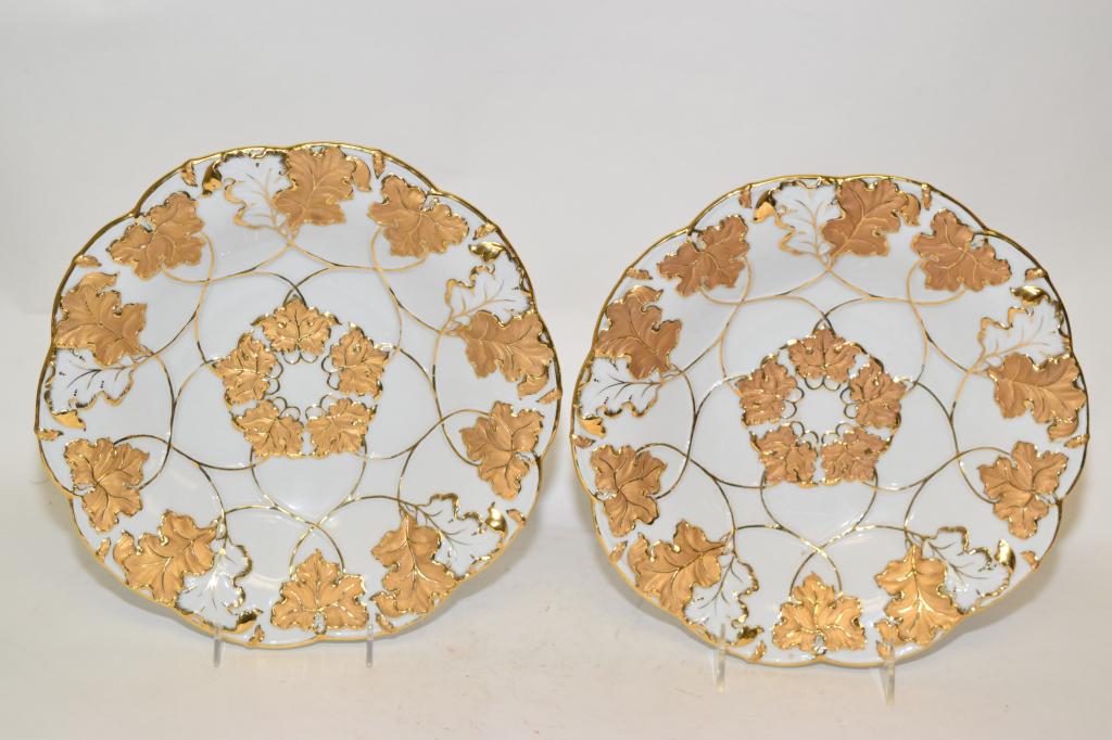 Pr. of Meissen Germany Porcelain Gilt Floral Plate: Pr. of Meissen Germany porcelain gilt floral plates, 11in