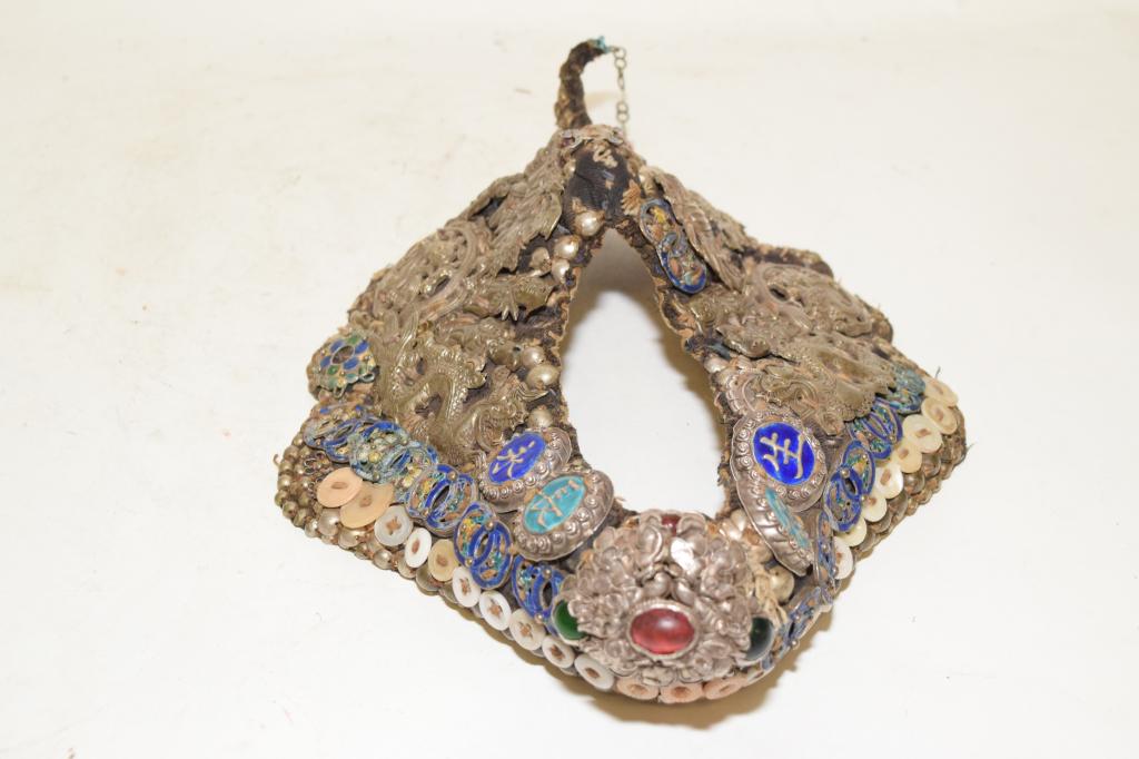 Qing Chinese Enamel over Silver Headdress: Qing Chinese enamel over silver headdress, 10.5in