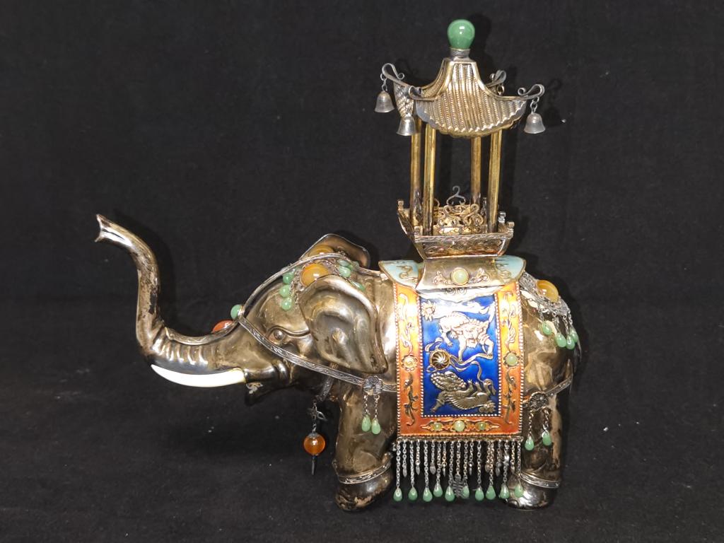 Qing Chinese Enamel over Silver "Tai Ping You Xiang": Qing Chinese enamel over silver "tai ping you xiang" figurine, 9in
