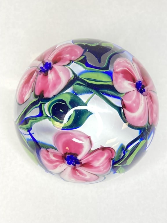 Richard Olma 1996 Pink Flowers Glass Paperweight: Richard Olma 1996 Pink Flowers Glass Paperweight, 2 7/8in