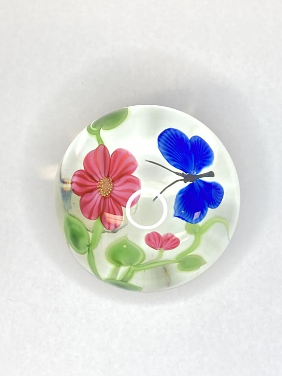 Orient & Flume Butterfly and Pink Flowers Paperweight: Orient & Flume Butterfly and Pink Flowers Paperweight, 69/250, 3 1/8in