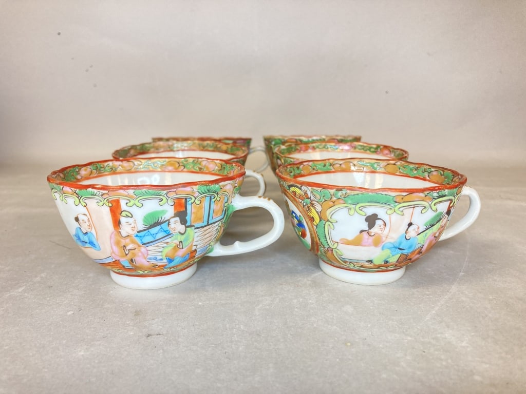 Six 19-20th C. Chinese Porcelain Famille Rose Tea Cups: Six 19-20th C. Chinese porcelain famille rose medallion tea cups, 4.25in