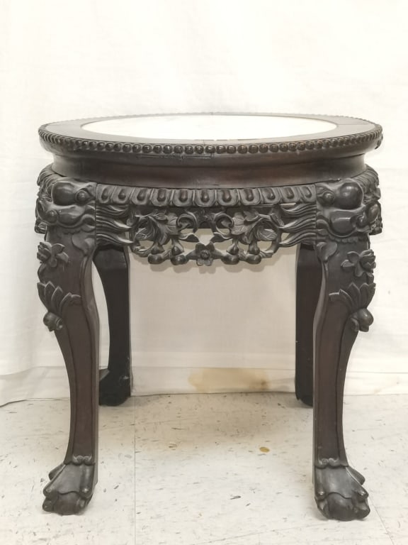 19th C. Chinese Marble Inlay Hongmu Carved Stool: 19th C. Chinese marble inlay hongmu carved stool, 18.5in by 22in
