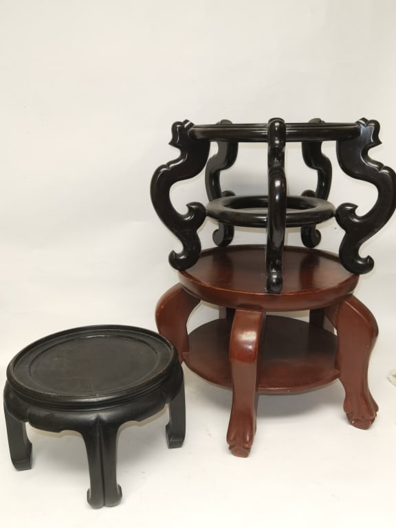 Three Chinese Rosewood Carved Jardiniere Stands: Three Chinese rosewood carved jardiniere stands, 12in