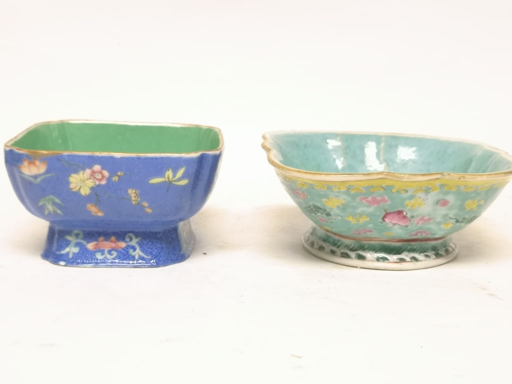 Two 19th C. Chinese Porcelain Famille Rose Bowls: Two 19th C. Chinese porcelain cobalt blue glaze and turquoise glaze altar bowls, 3in by 7in