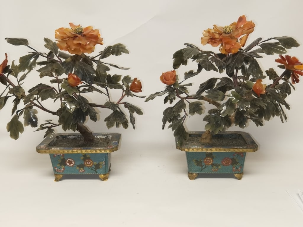 Pr. of Chinese Jade Trees in Cloisonne Pot (1 of 6)