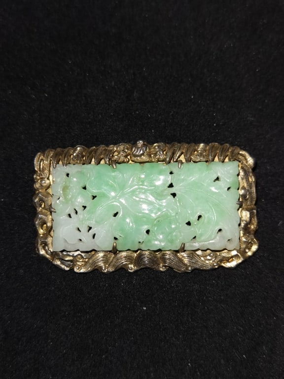 Qing Chinese Jadeite Inlay Gilt Silver Brooch (1 of 2)