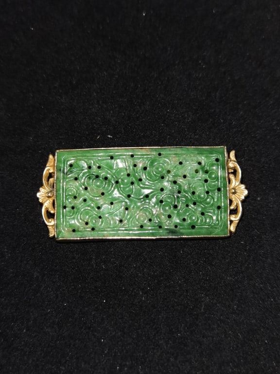 Qing Chinese Jadeite Inlay 14K Gold Brooch (1 of 3)