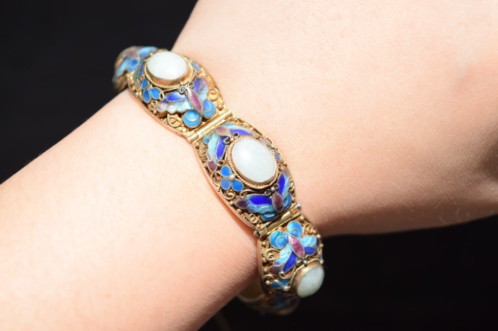 19th C. Chinese Enamel over SIlver and Jade Bracelet (1 of 4)