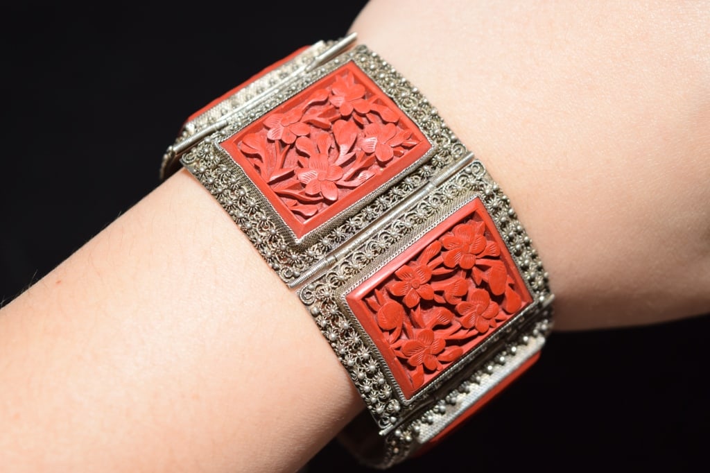 19th C. Chinese Silver and Cinnabar Bracelet (1 of 4)