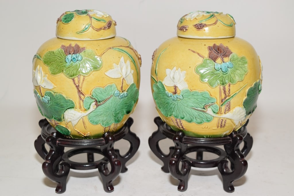(2) 19-20th C. Chinese Porcelain Relief Carved Jar (1 of 6)