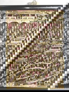 1950-70s Chinese Gilt Wood Carved Plaque: 1950-70s Chinese Gilt Wood Carved Cultural Revolution Themed Plaque, 18.75in by 13.75in