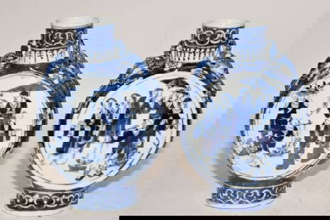 Pr. of Qing Chinese Porcelain B&W Moon Flask Vases: Pr. of Qing Chinese Porcelain B&W Moon Flask Vases, 8 3/8in