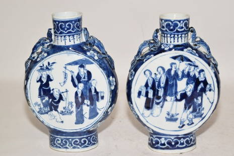 Pr. of Qing Chinese Porcelain B&W Moon Flask Vases: Pr. of Qing Chinese Porcelain B&W Moon Flask Vases, 8 3/8in