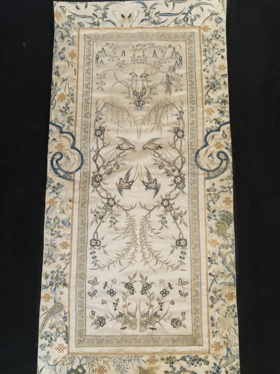 19-20th C. Chinese Floral DaZi Style Embroidery: 19-20th C. Chinese Floral DaZi Style Embroidery, 25.5in by 12.25in