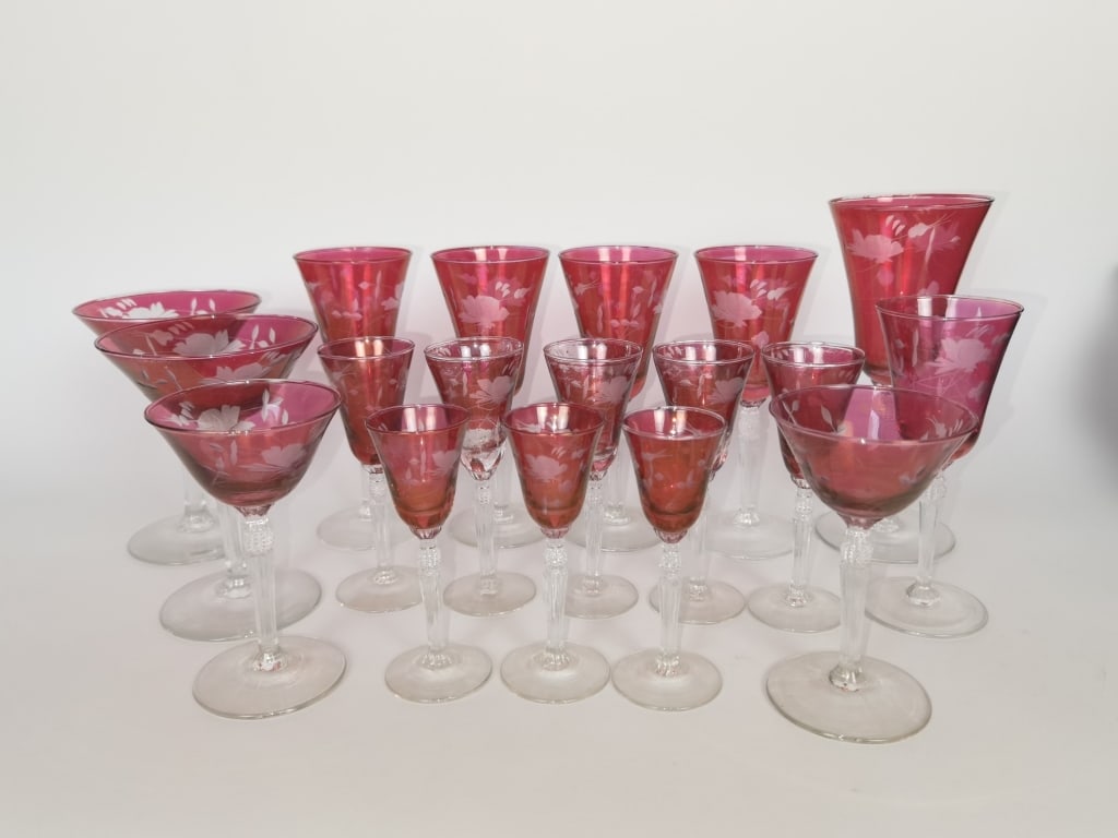 (18) Vintage Bohemian Cut-to-Clear Cranberry Glasses: (18) Vintage Bohemian Cut-to-Clear Cranberry Glasses, 8.25in