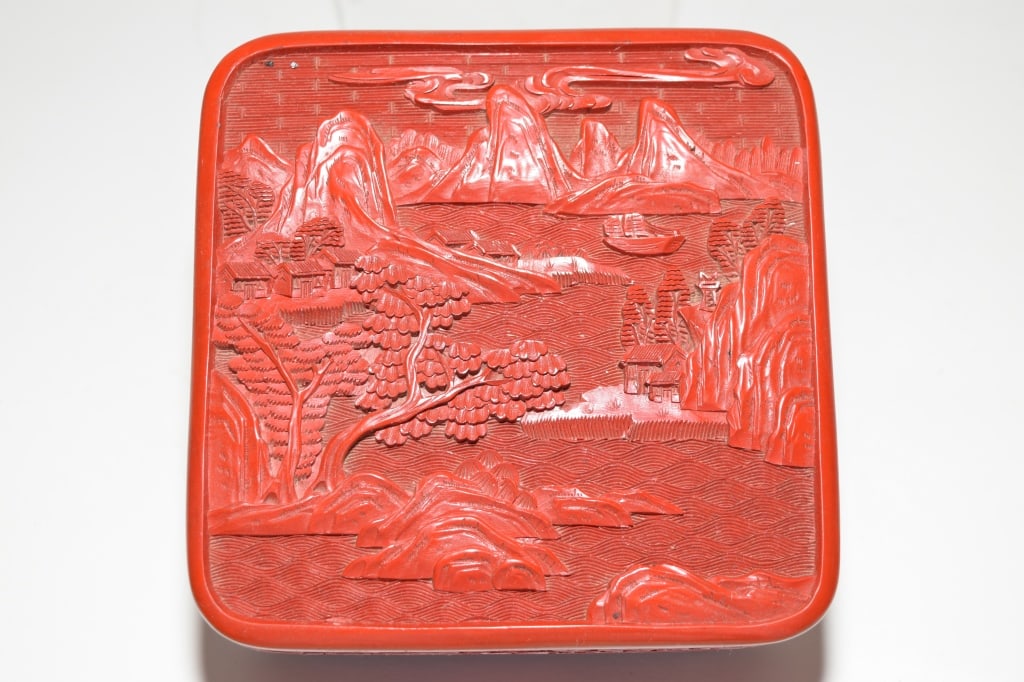 1950-70s Chinese Cinnabar Carved Box: 1950-70s Chinese Cinnabar Carved Box, 5 3/16in by 5 1/8in by 2.25in