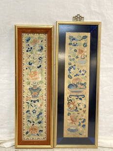 Two 19-20th C. Chinese Embroideries in Frames: Two 19-20th C. Chinese Embroideries in Frames, 6.75in by 21 5/8in & 7 7/8in by 21 3/8in