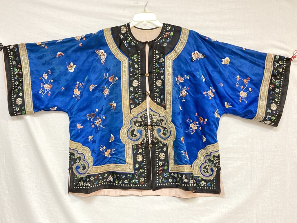 Qing Chinese Embroidered Woman's Robe on Blue Silk: Qing Chinese Embroidered Woman's Robe on Blue Silk, 31in by 51 1/8in