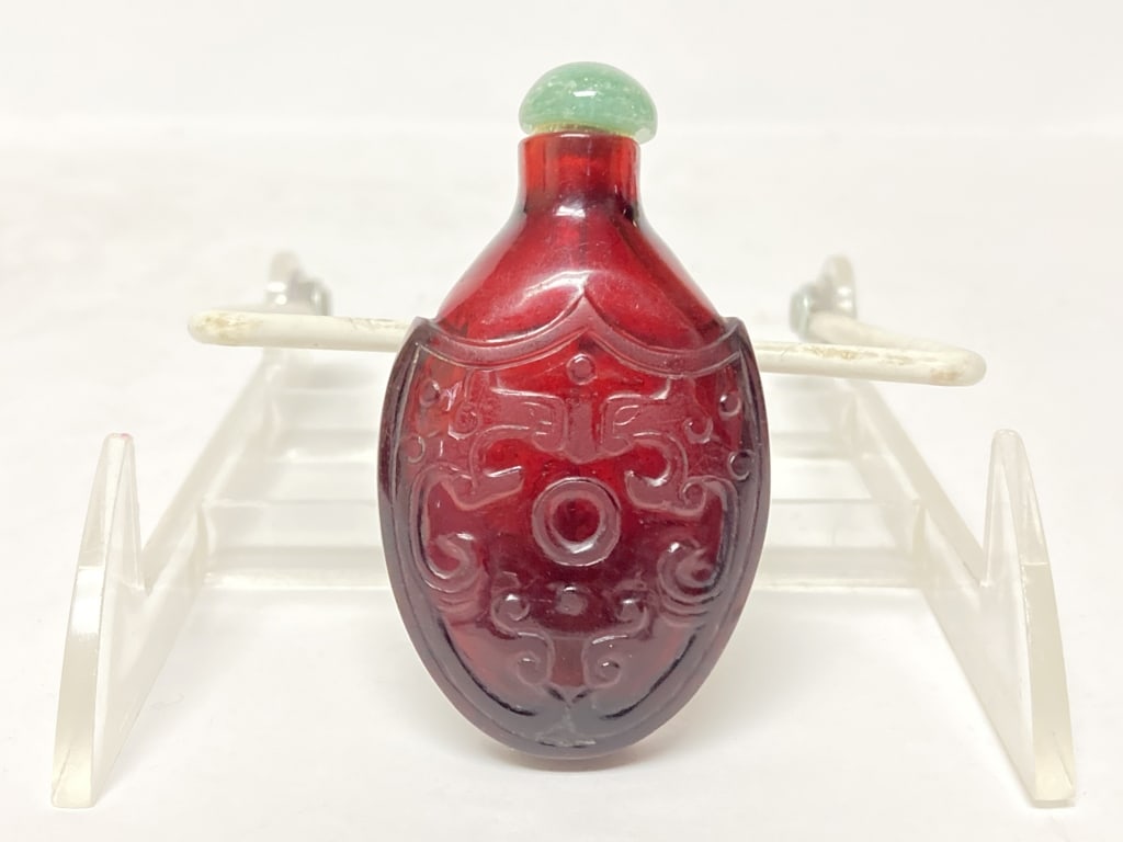 19th C. Chinese Red Peking Glass Carved Snuff Bottle (1 of 4)