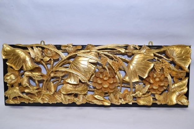 Large Qing Chinese Export Gilt Wood Carved Plaque (1 of 5)