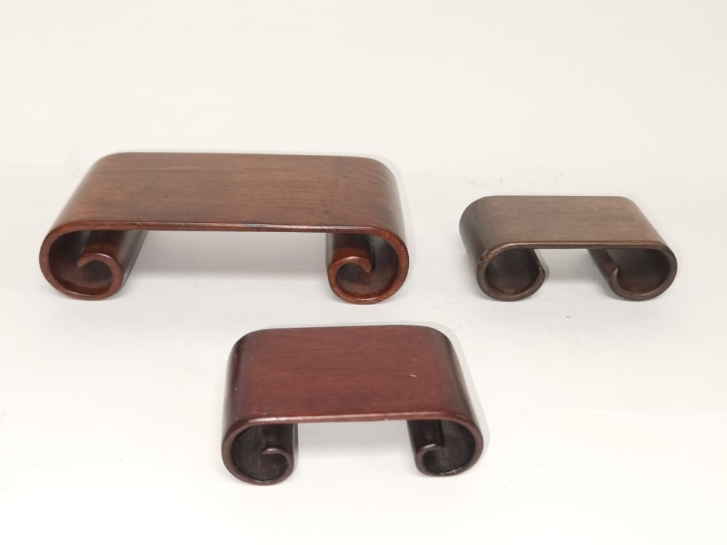 (3) Chinese Hongmu Carved Curled Stands: (3) Chinese Hongmu Carved Curled Stands, 1.75in by 6.75in