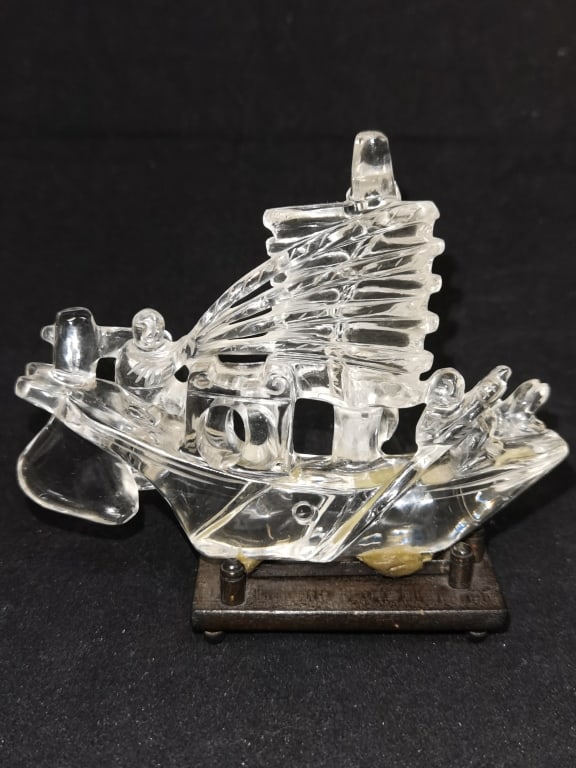 Qing Chinese Rock Crystal Carved Boat: Qing Chinese Rock Crystal Carved Boat, 4.5in by 4.75in