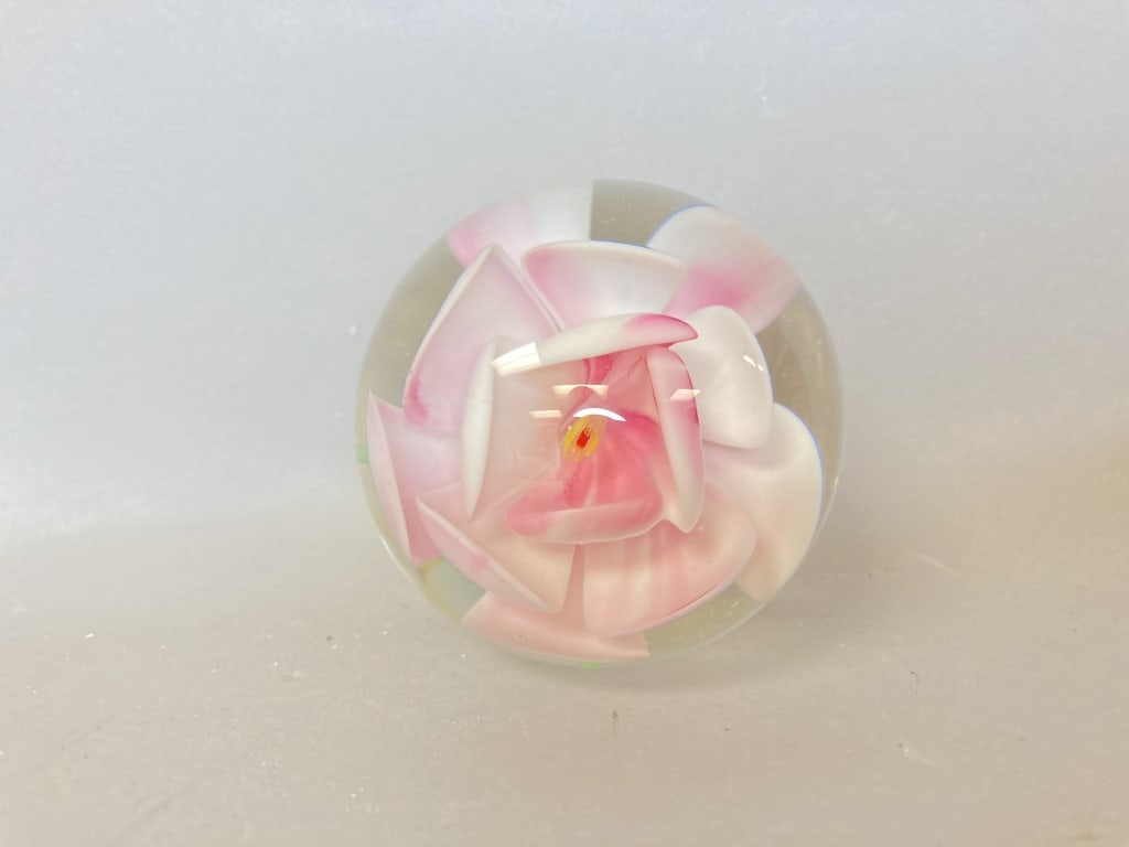 Unmarked Pink Floral Glass Paperweight: Unmarked Pink Floral Glass Paperweight, 1 5/8in