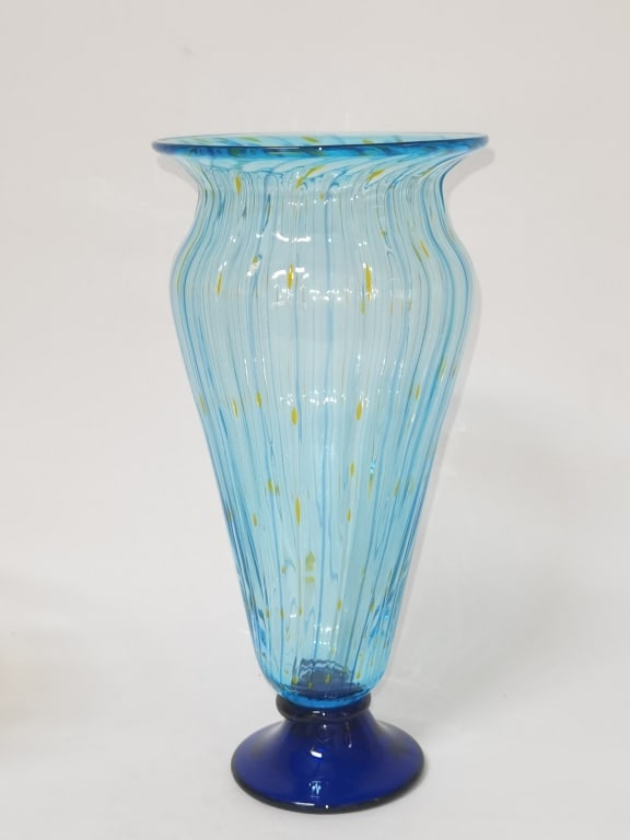 Vintage Hand Blown Blue Glass Vase with Yellow Spot (1 of 4)