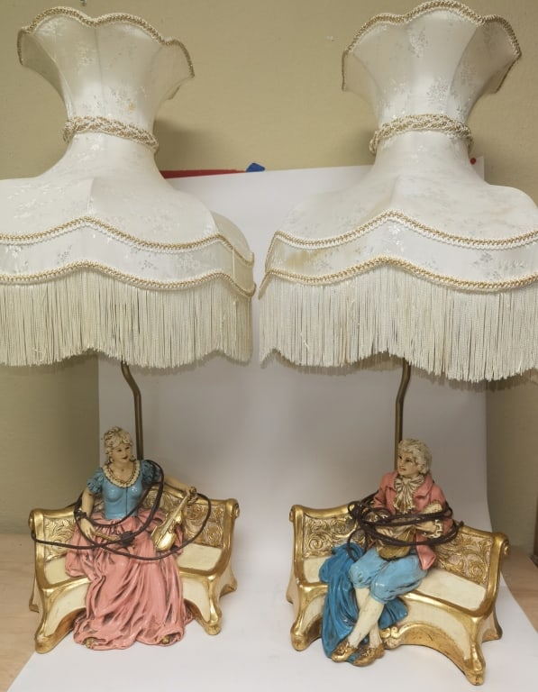 (2) Capodimonte Style Porcelain Figure Table Lamps: (2) Capodimonte Style Porcelain Figure Table Lamps, 40in by 18in