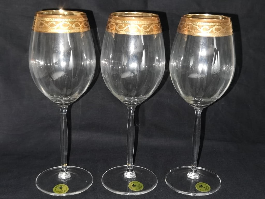 (3) Marcello Aglieri Italy 24K Gold Wine Glasses: (3) Marcello Aglieri Italy 24K Gold Wine Glasses, 9in