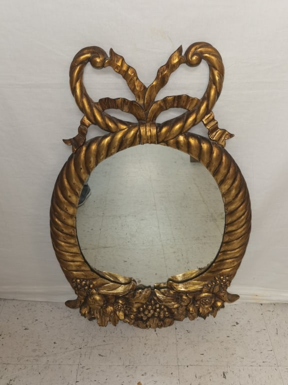 Vintage Gilt Wood Carved Mirror: Vintage Gilt Wood Carved Mirror, 34in by 22in