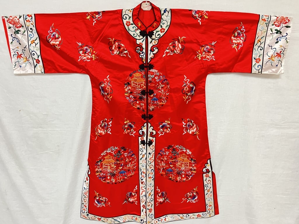 Chinese Embroidered Red Women's Robe: Chinese Embroidered Red Women's Robe, 45in by 50in