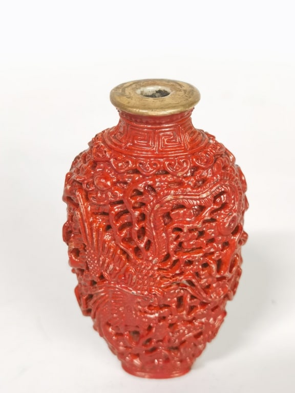 Qing Chinese Porcelain Red Glaze Relief Carved Snuff Bottle (1 of 5)