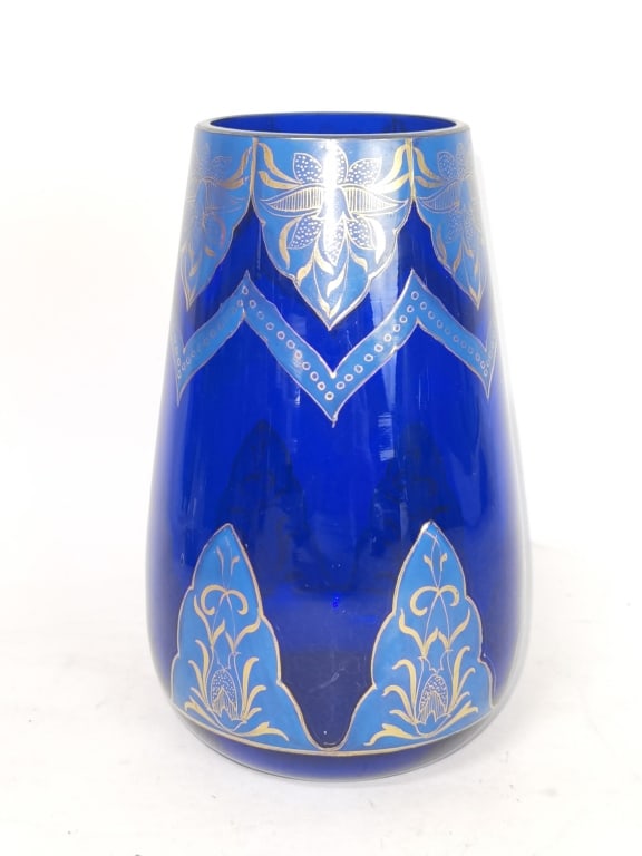 Vintage Czech Gilt Cobalt Blue Glass Vase: Vintage Czech Gilt Cobalt Blue Glass Vase, 6.75in