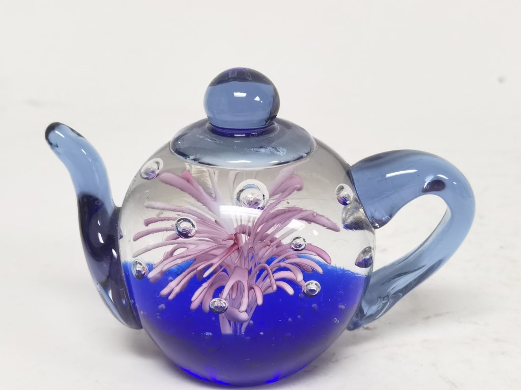 Vintage Pink Floral Teapot Glass Paperweight: Vintage Pink Floral Teapot Glass Paperweight, 3 1/8in by 4.25in