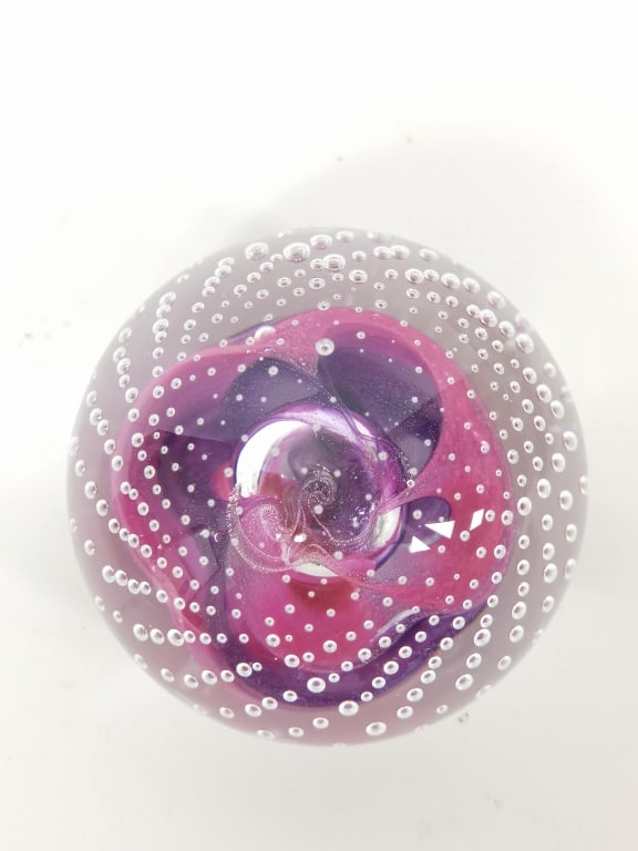 Caithness Scotland "Reflections Magenta" Glass Paperweight: Caithness Scotland "Reflections Magenta" Glass Paperweight, Collectors Club, 2.25in by 2.5in