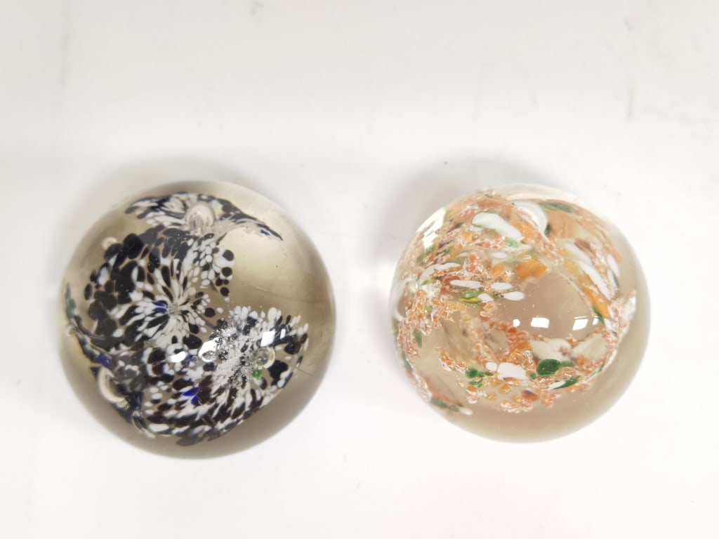 (2) Unmarked Splatter Glass Paperweights: (2) Unmarked Splatter Glass Paperweights, 2in & 2.3/8in