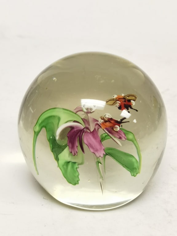 Unmarked Butterfly Floral Glass Paperweight: Unmarked Butterfly Floral Glass Paperweight, 3.25in